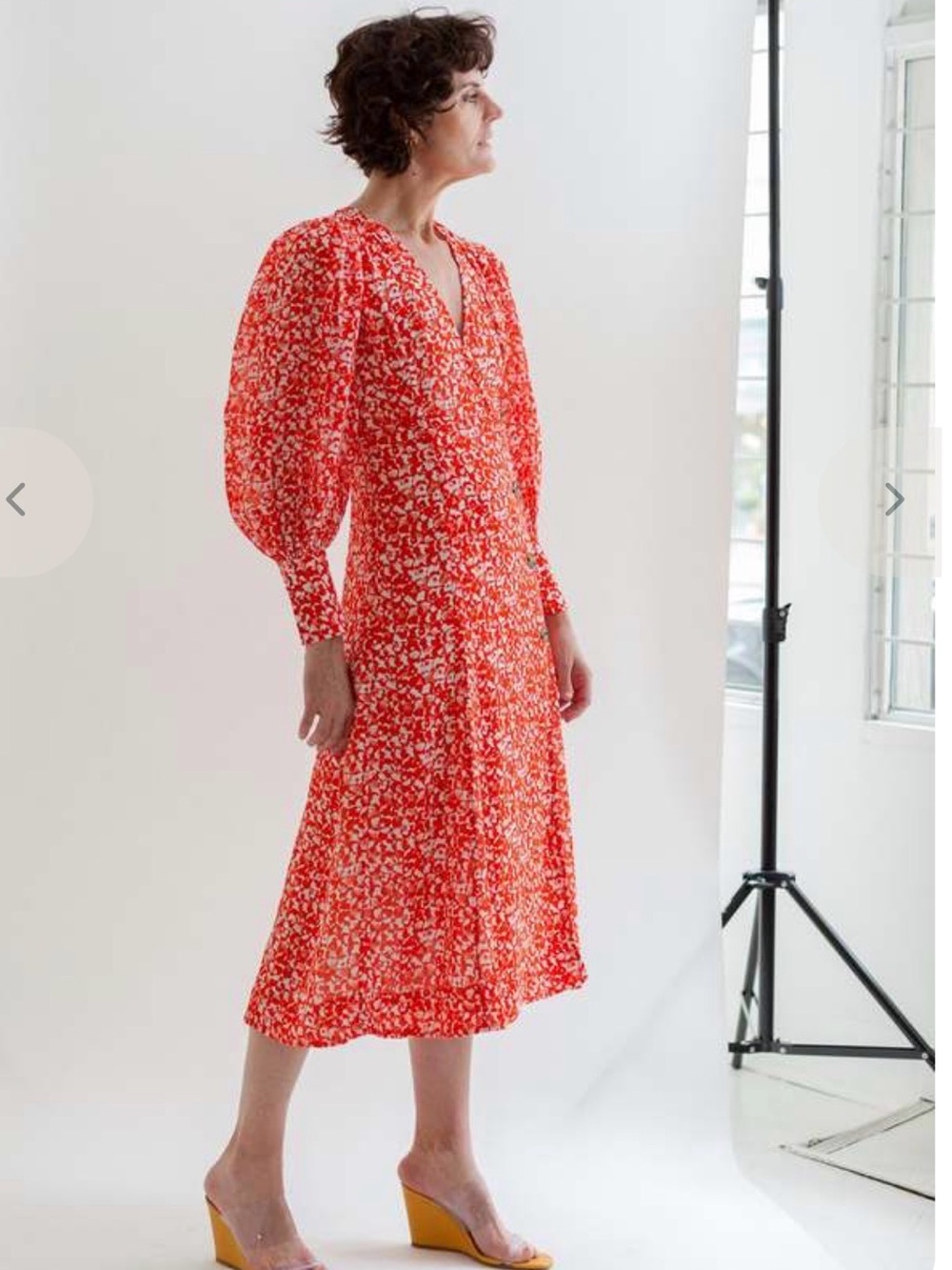 new Ganni Red White Floral Midi Dress Puff Sleeve Button Detail Size 40 - Picture 5 of 10